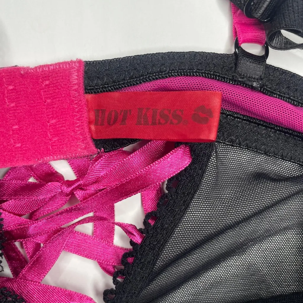 Y2K Vintage  Babydoll Black Pink Net Mesh Back Tie/Clasp Slip Dress 36C - Image 9