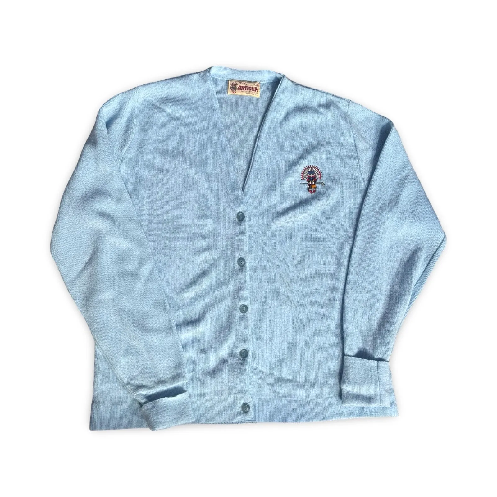 Vintage Lady Antigua Light Blue Acrylic Knit Kachina Golf Embroidered Cardigan Size L - Image 6