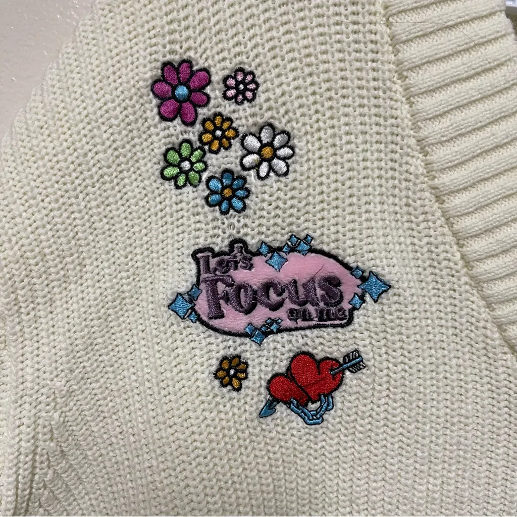 Chunky Knit Cropped Cardigan Sz L Happy Bunny Oversized Y2K Indie Sleeze Kidcore - Image 4