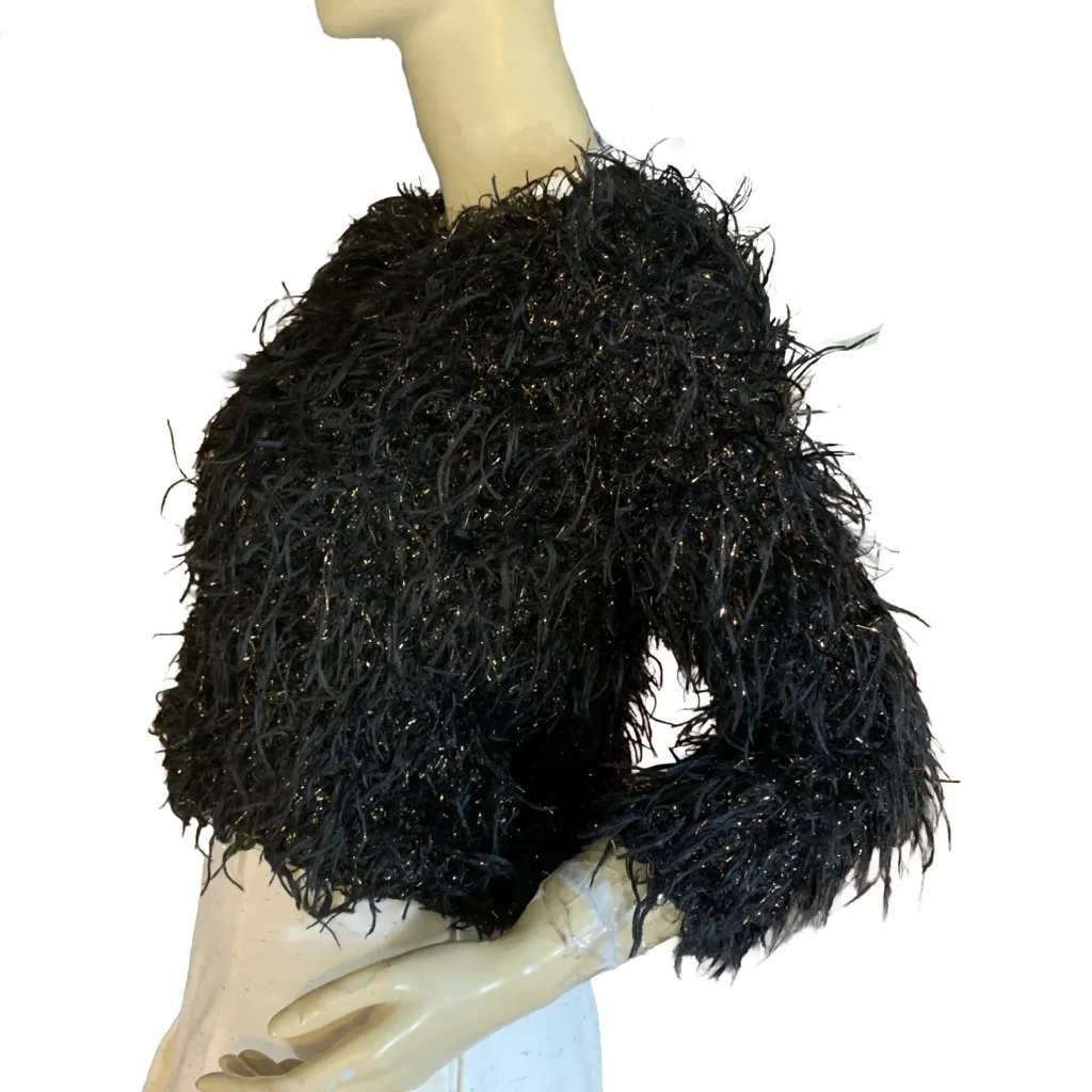 VINTAGE 1990'S GANTOS BLACK & GOLD EYELASH FRINGE CROPPED 3/4 SLEEVE SWEATER (S) - Image 5
