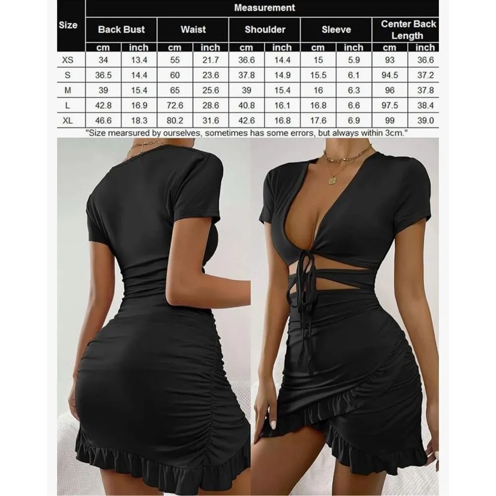 NEW Bodycon Short Sleeve Tied Cut Out Ruched Mini Club Dress S Black - Image 3