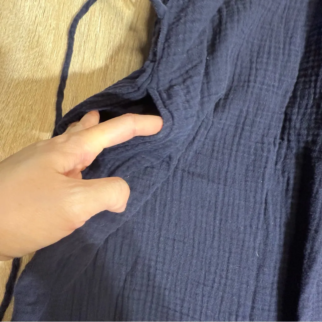 Uniqlo Navy Blue A-Line 100% cotton Gauze Tiered Sleeveless Dress Pockets XSmall - Image 2