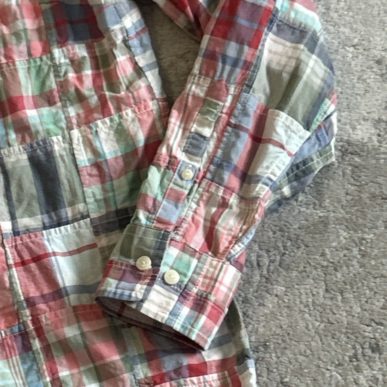 LL Bean Shirt Womens Small Roll Tab Long Sleeve Madras Plaid Patchwork Top Red - Image 4