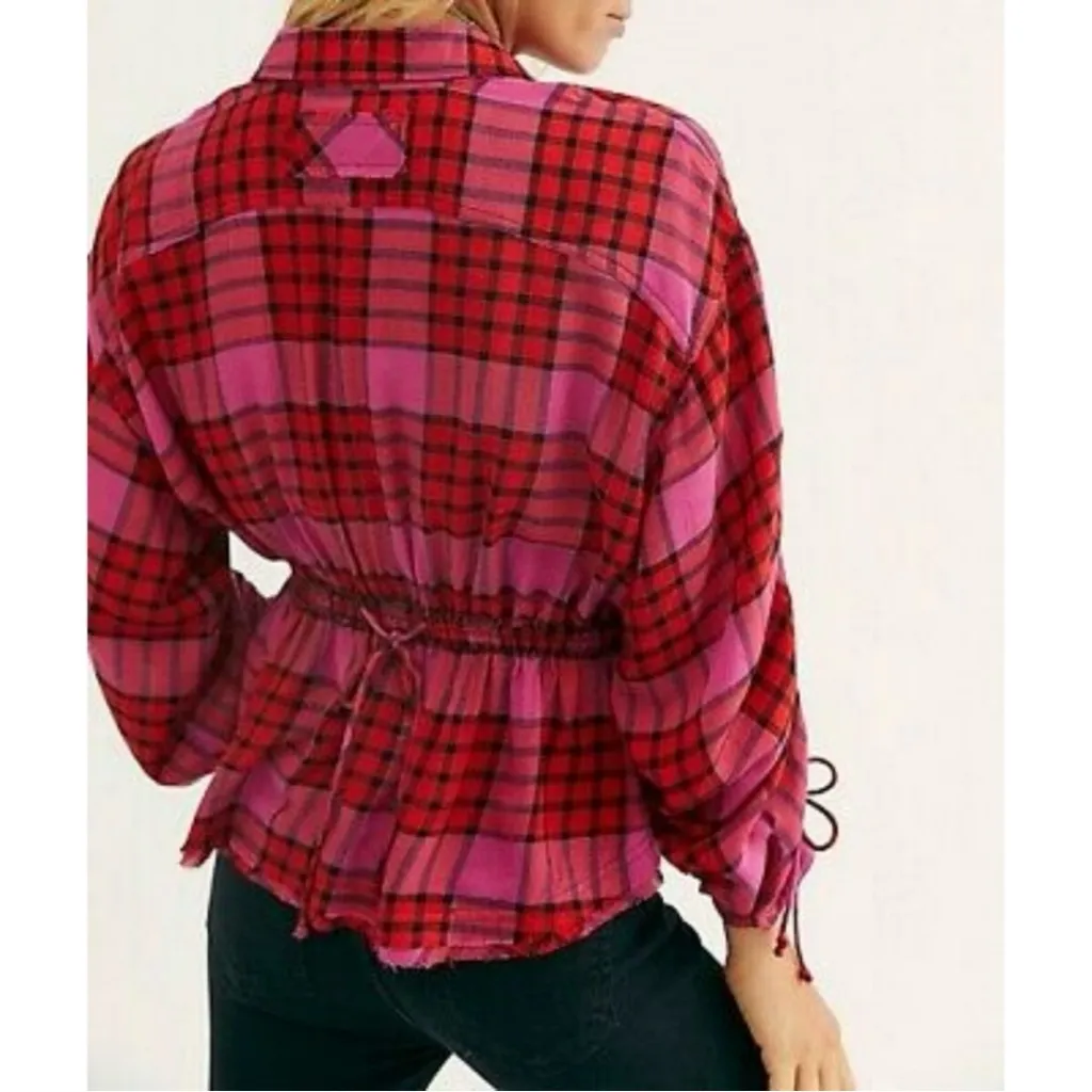NWT Free People Pacific Dawn Red and Pink Plaid Button-Down Shirt Size: XS - Image 12