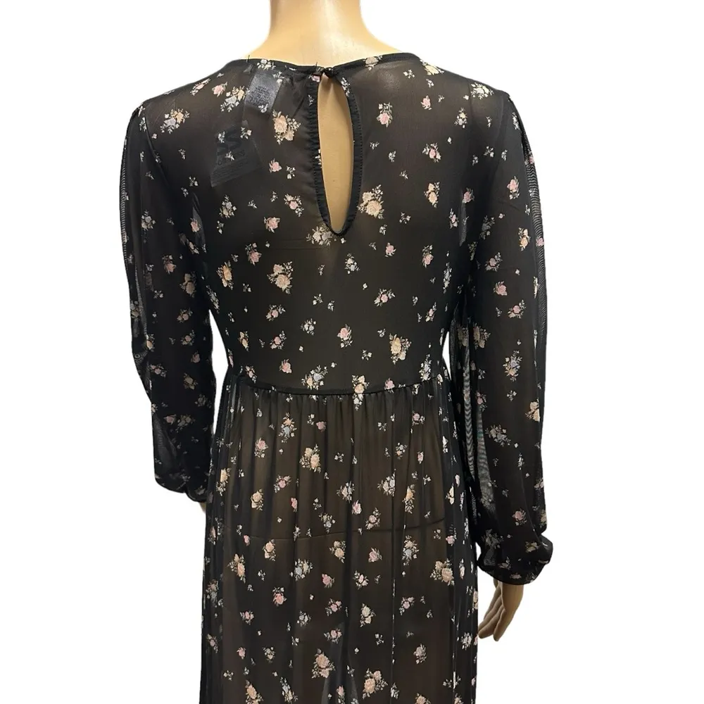 Ultra Flirt Black Floral Sheer Long Sleeve Keyhole Back Midi Coverup Dress Small - Image 5