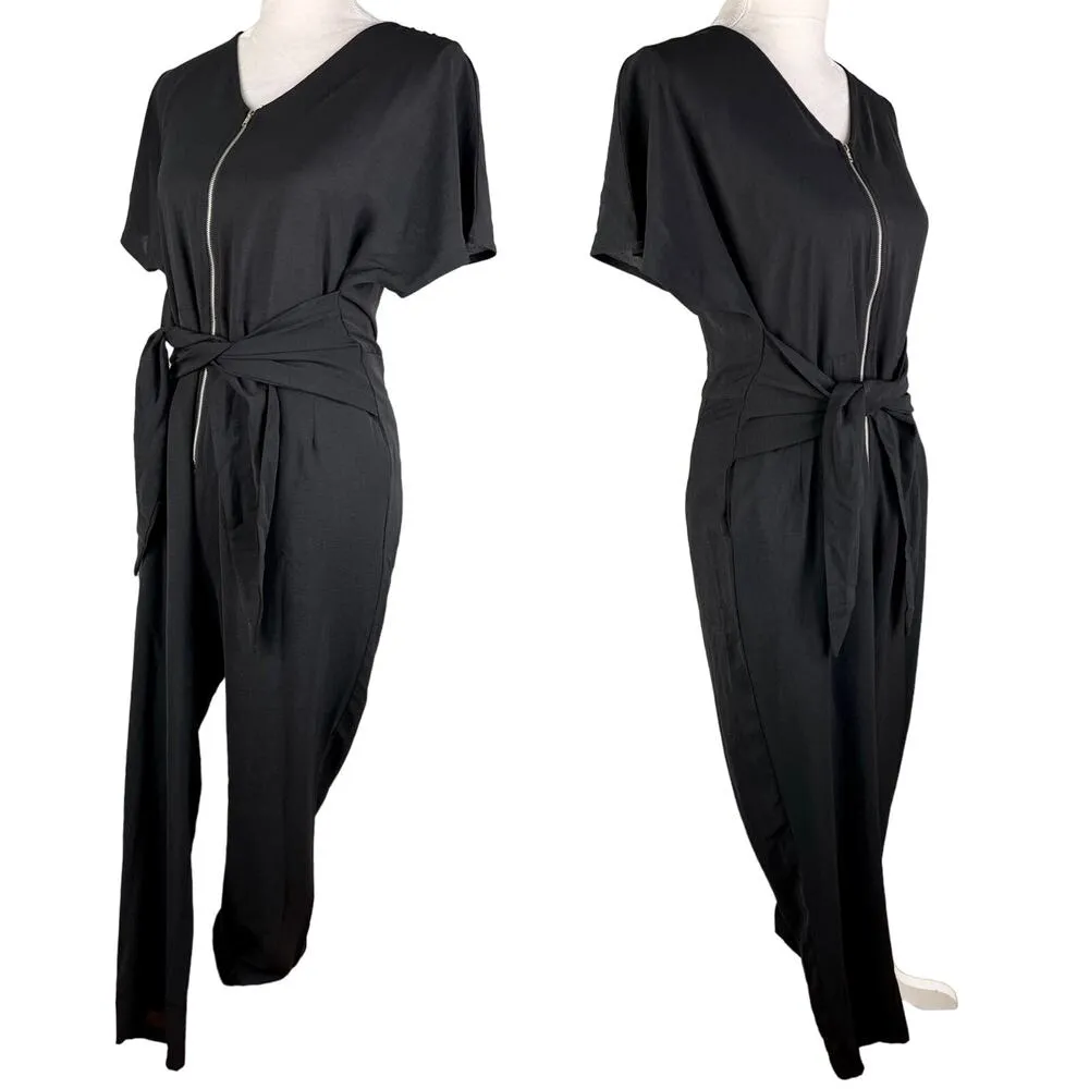 Polagram Jumpsuit Black Medium Short Sleeve Front Zipper V-Neck Tie - Image 3