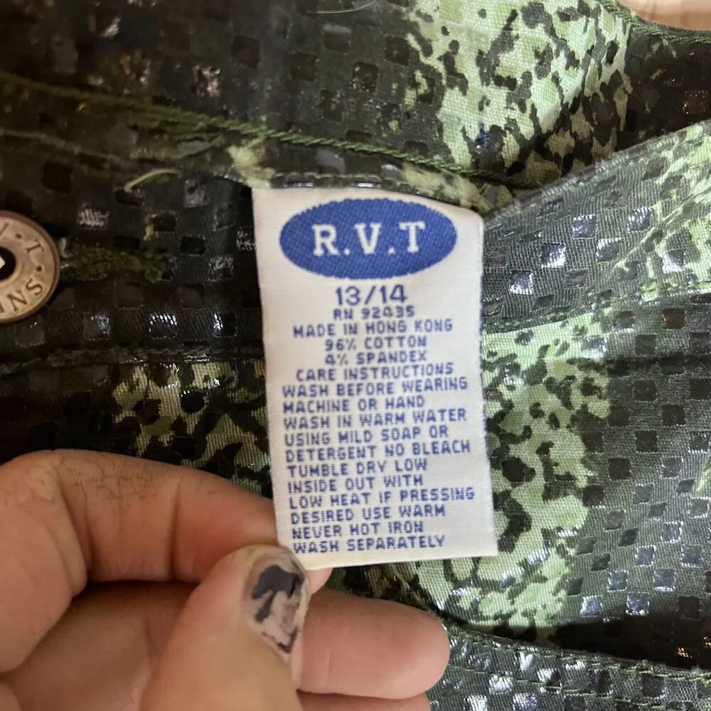 Y2K Vintage RVT Revolt Olive Snakeskin Wide Short Jeans 13/14 5 Pockets Green - Image 3