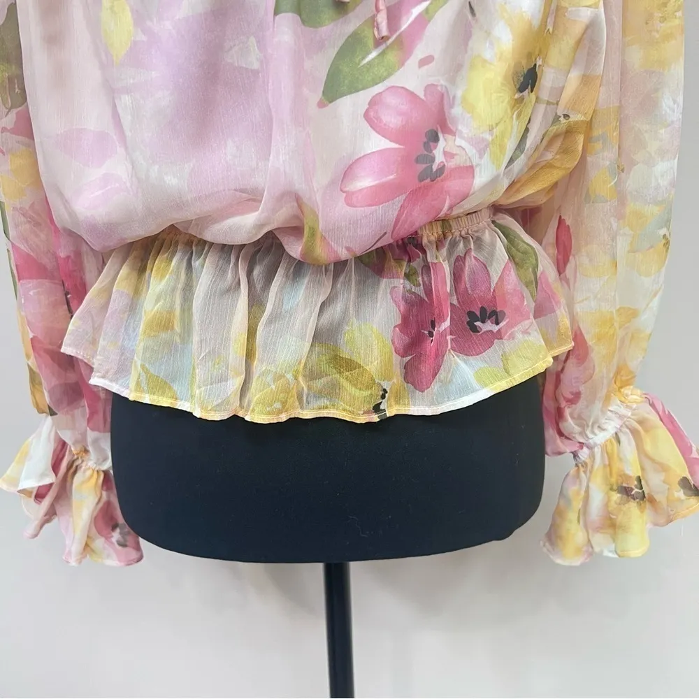 LoveColette Crop Blouse Off Shoulder Floral Sz M Cottagecore Milkmaid Boho Pink Size M - Image 6
