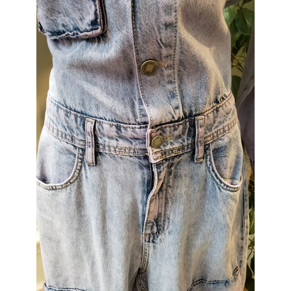 Nasty Gal Jumpsuit Womens Size 6 Blue Denim Pocket Detail Acid Wash Button Front - Image 13