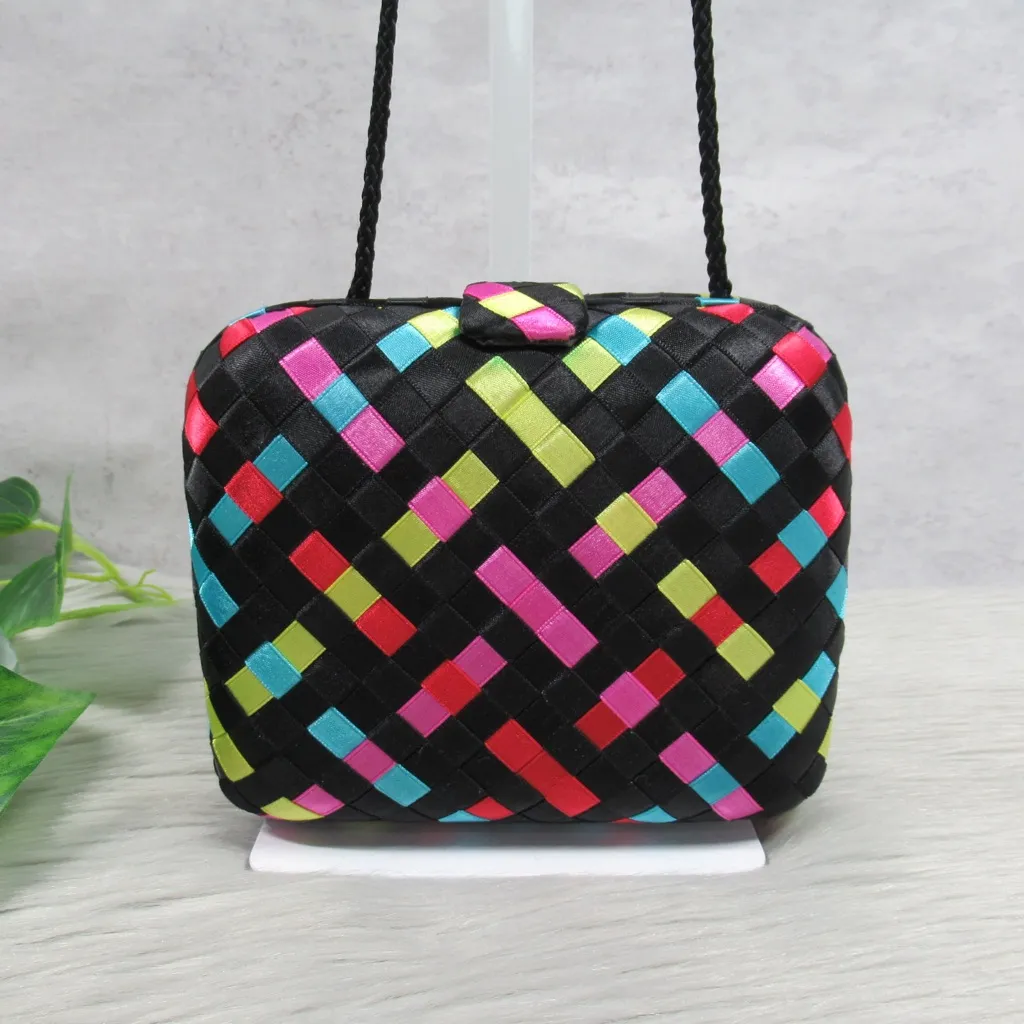 GENIE Vintage Woven Satin Ribbon Hard Box Mini Purse Black - Image 7