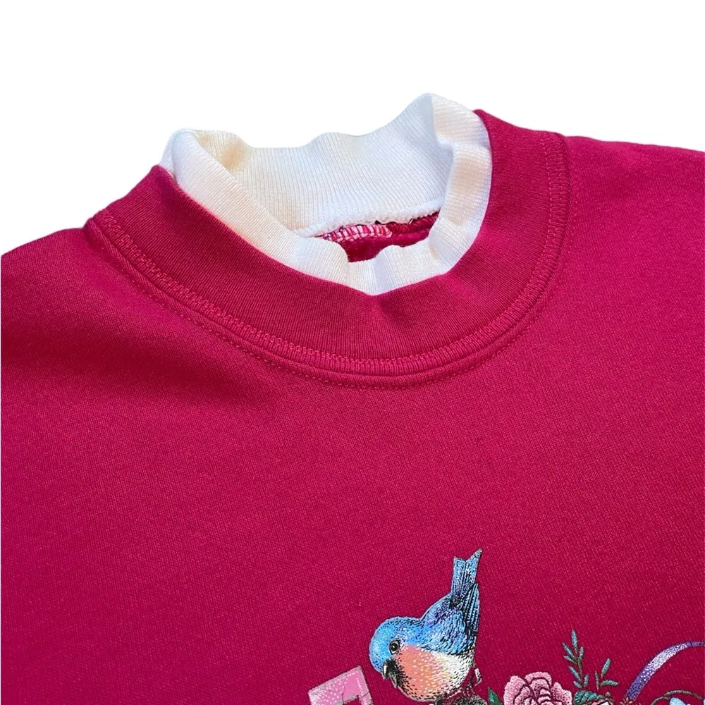 Vintage 90s Blue Jay Floral Love Sweatershirt Size L - Image 2