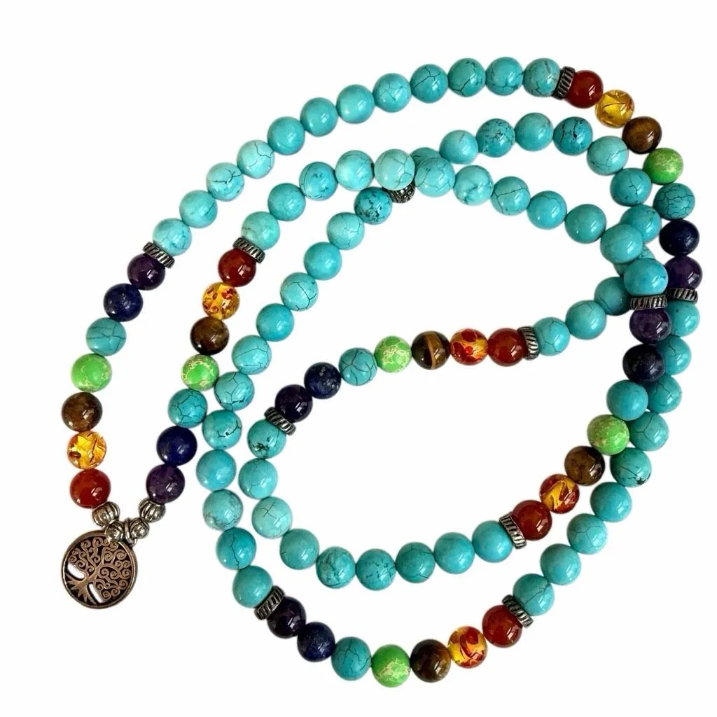 Turquoise 108 Bead Wrap Mala Necklace Tree of Life Charm - Image 2