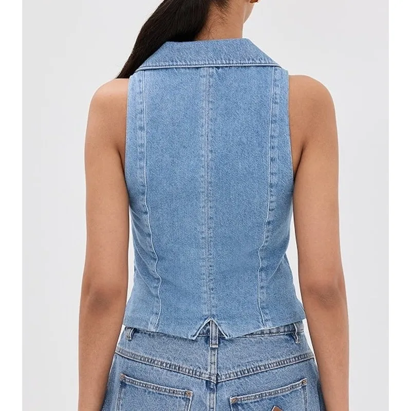 Reformation Jeans Nova Cotton Blend Collared Button-Front Denim Vest Leven 2 - Image 2