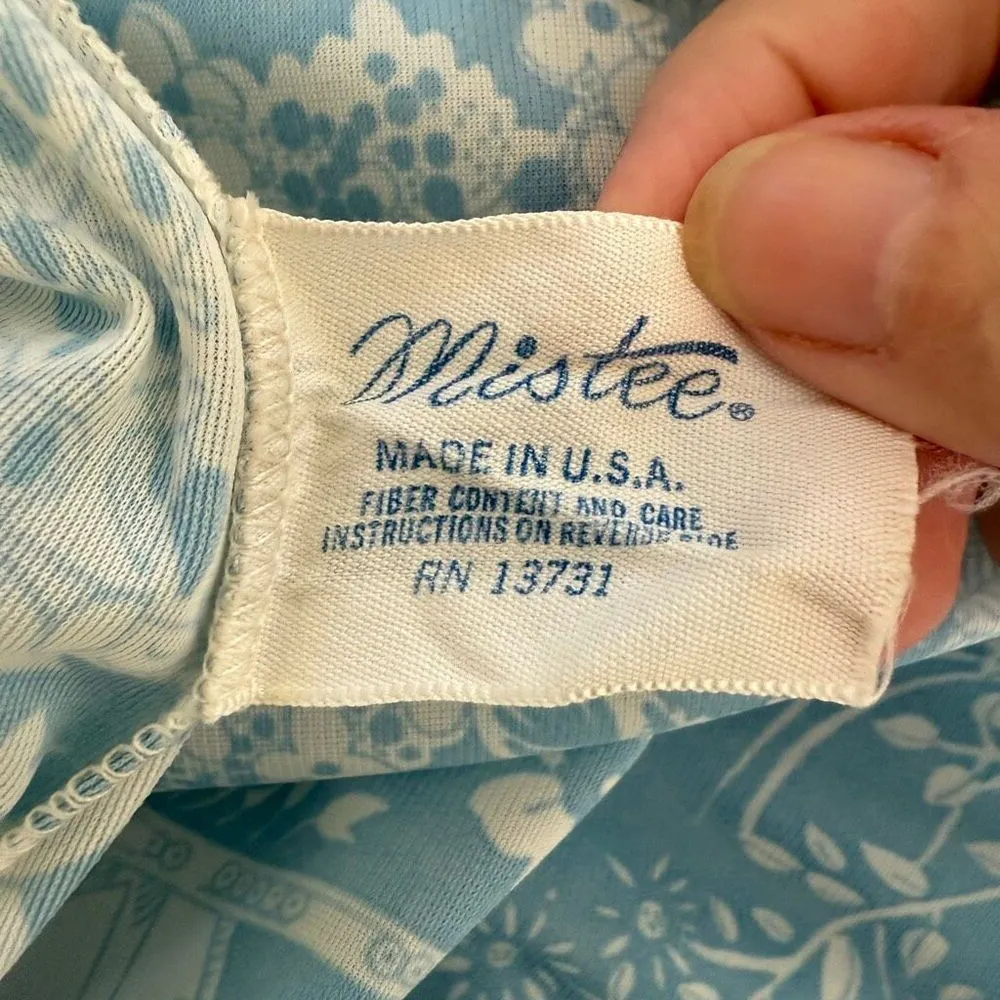 Vintage 70s Mistee Blue White Print Nylon Nightgown Maxi Dress USA M Size M - Image 7