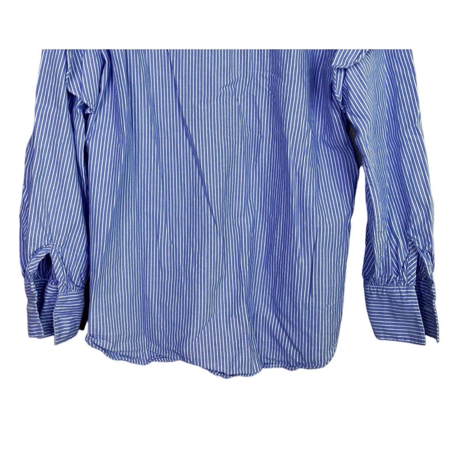 ZARA Cotton Chambray Collar Long Ruffle Sleeve Stripe Button Blouse S Blue White - Image 7