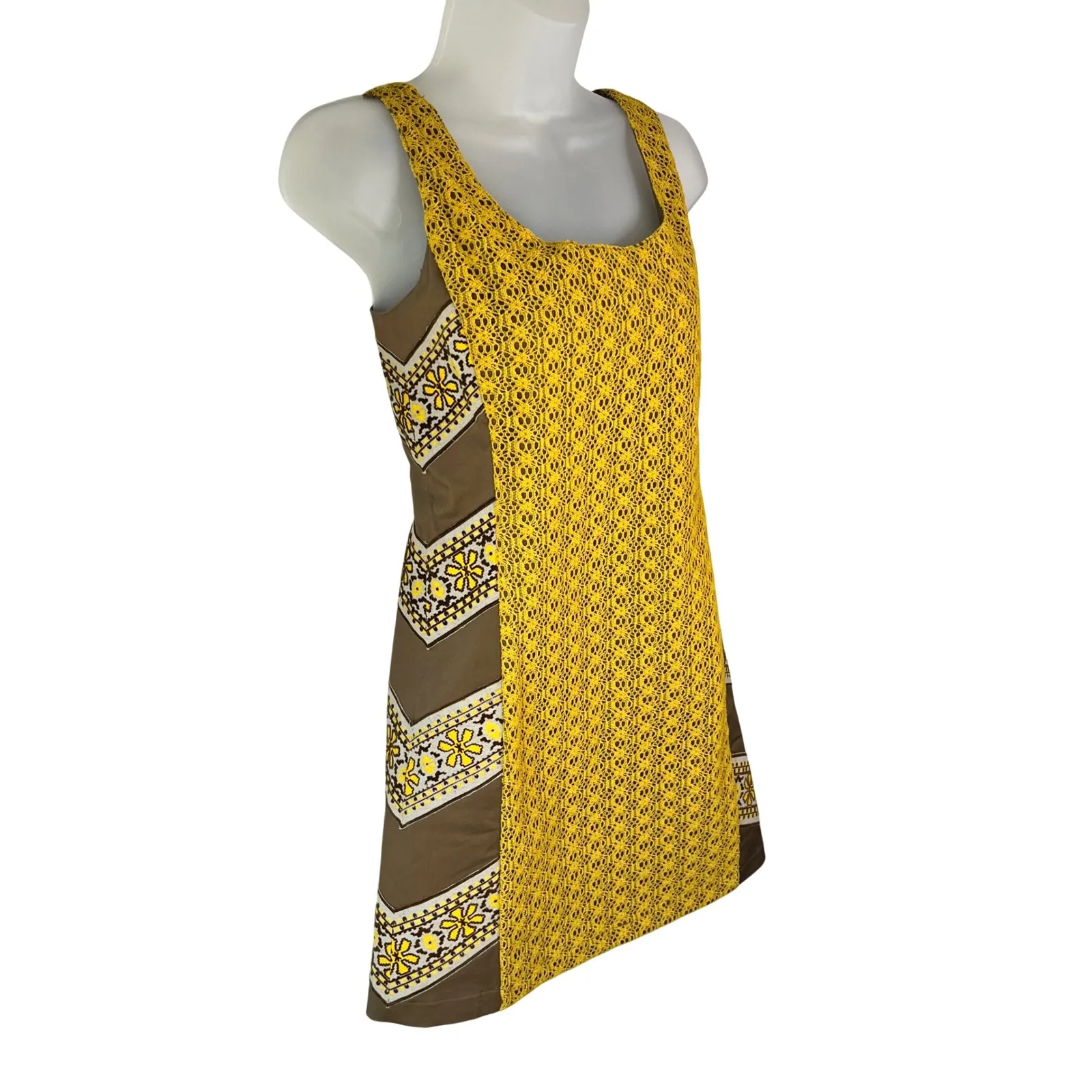 Judith‎ March Mini Dress Yellow Brown Embroidered Crocheted Size Small - Image 3