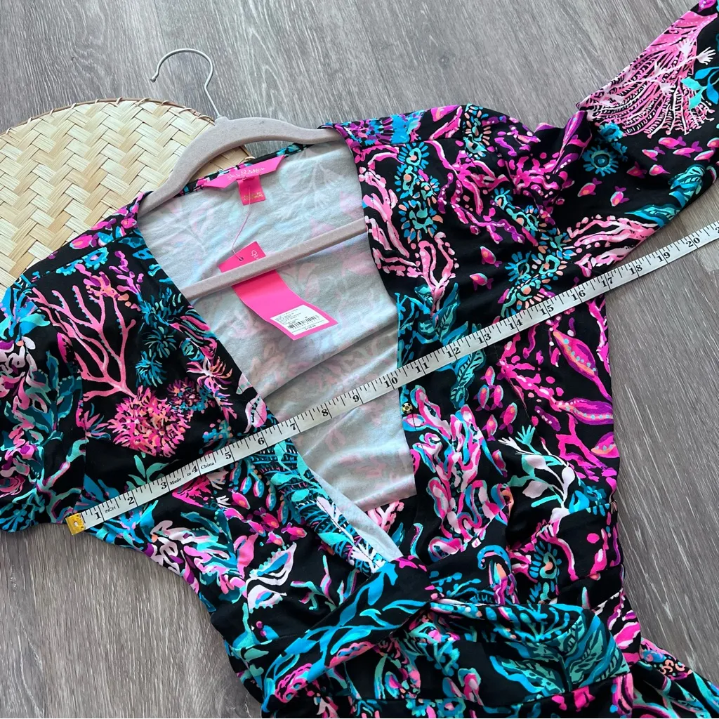 Lilly Pulitzer Misha Long Sleeve Wrap Romper Onyx Twilight Coral, Size M $178 - Image 7