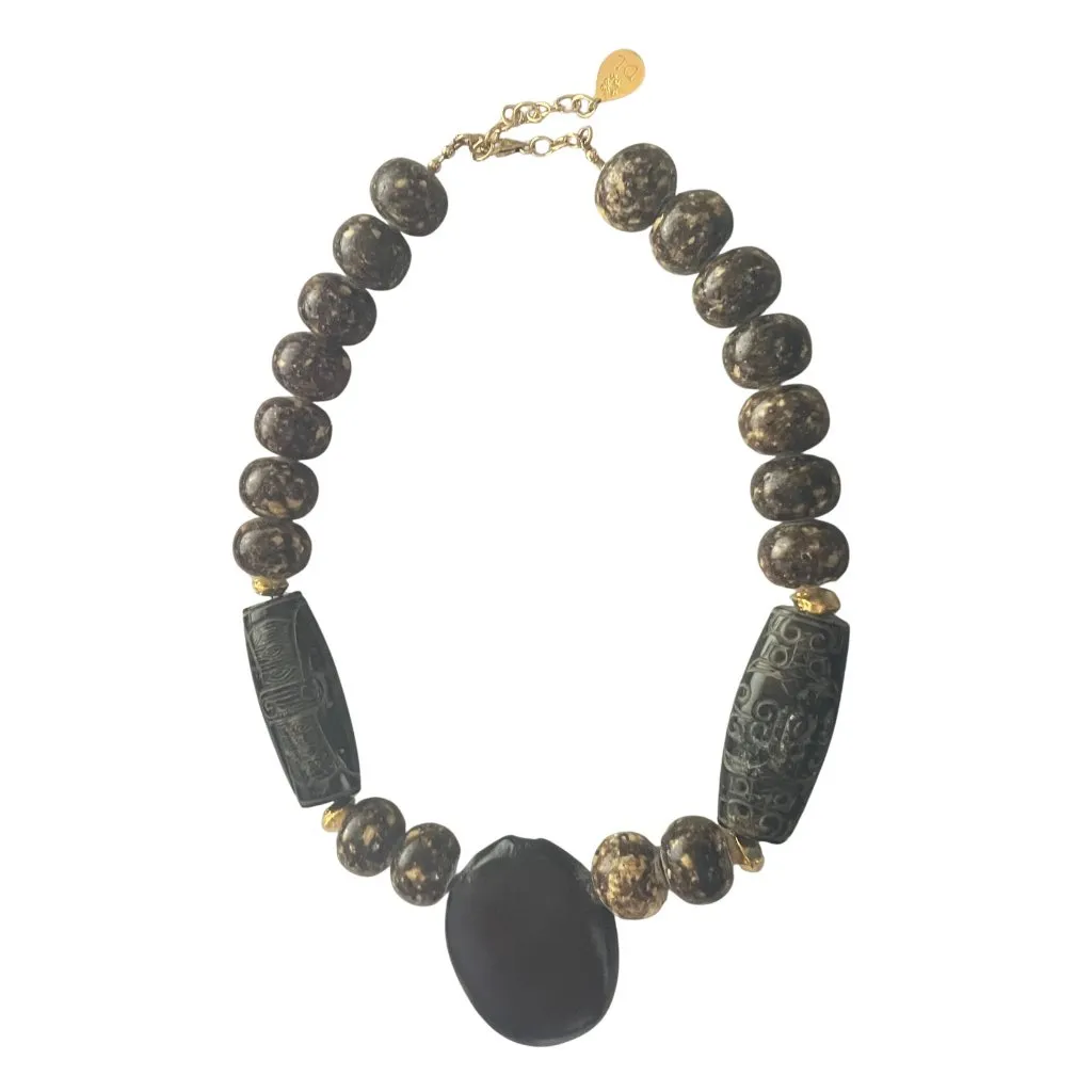 Vintage Artisan Cork Bead & Carved Wood Barrel Boho Statement Necklace Signed DL - Image 6