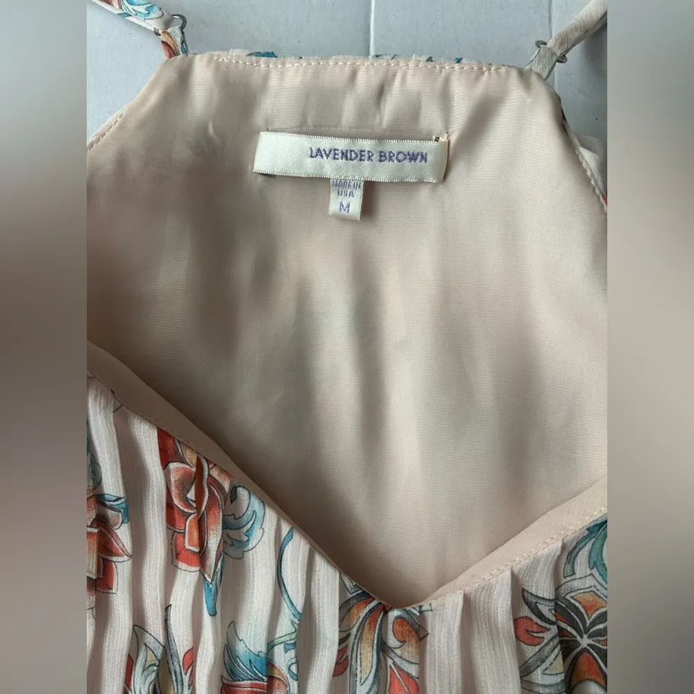 𝅺LAVENDER BROWN Women’s Slip Dress, Floral Pleated Medium - Image 3