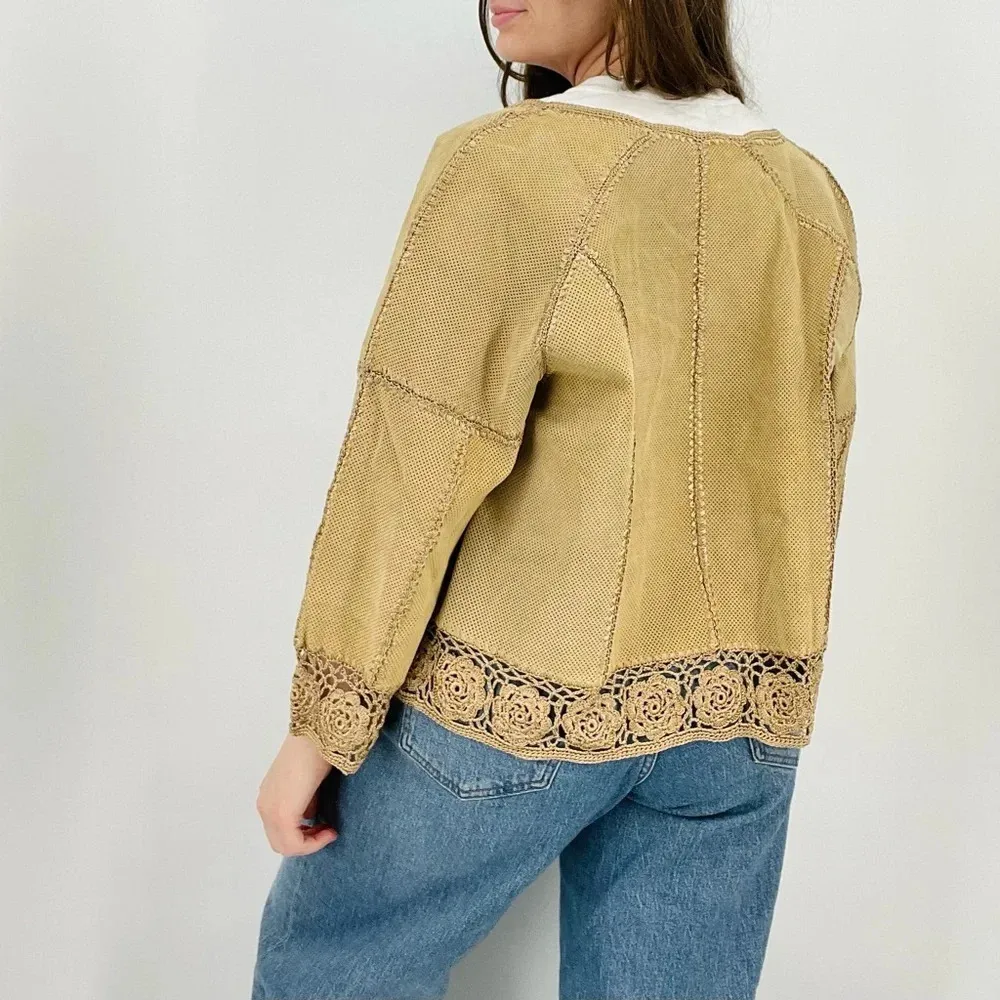 vintage boho western leather rayon button down fitted jacket camel brown Tan Size M - Image 4