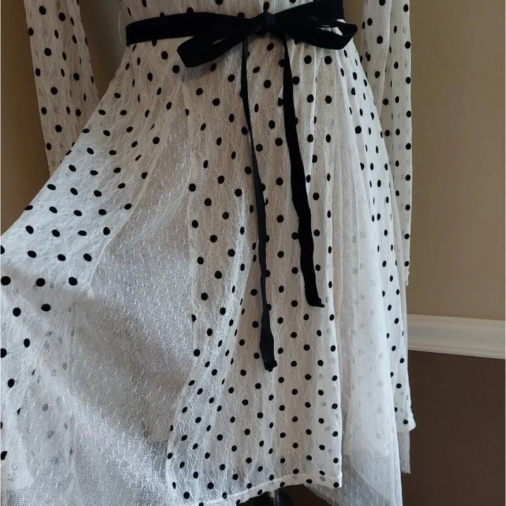 Ivory Lace & Black Polka Dot Asymmetric Hem Rockabilly ModCloth Dress by A’Reve White Size M - Image 3