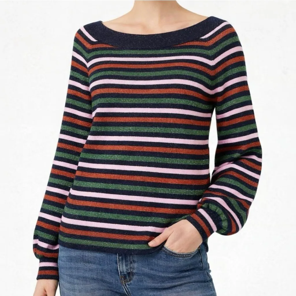 Boden Mabel Wool Cotton Metallic Bishop Sleeves Striped Boatneck Sweater 10 Blue - Image 1
