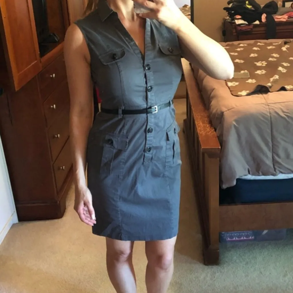 H&M Stretch Cotton Shirt Dress 10 Sleeveless Button Up Gray Belt Pockets - Image 4