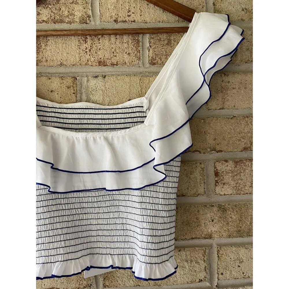 NWT Likely Athena Smocked Ruffle Top Blue White S Bloomingdale’s Revolve Cropped - Image 9