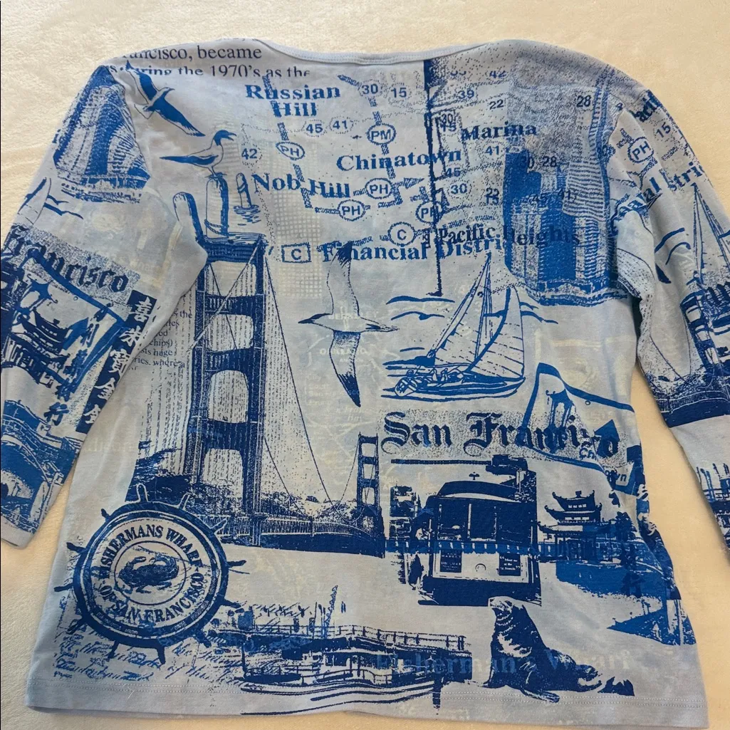 Glima Y2K Blue San Francisco Cityscape Graphic Print Women's Top NWOT Size L - Image 11