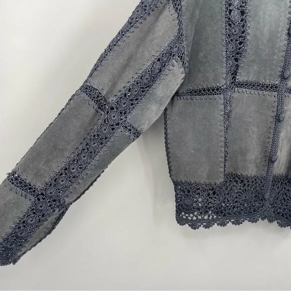 Overland Leather Jacket Size‎ Large Patchwork Crochet Lace Suede Vintage Blue - Image 8