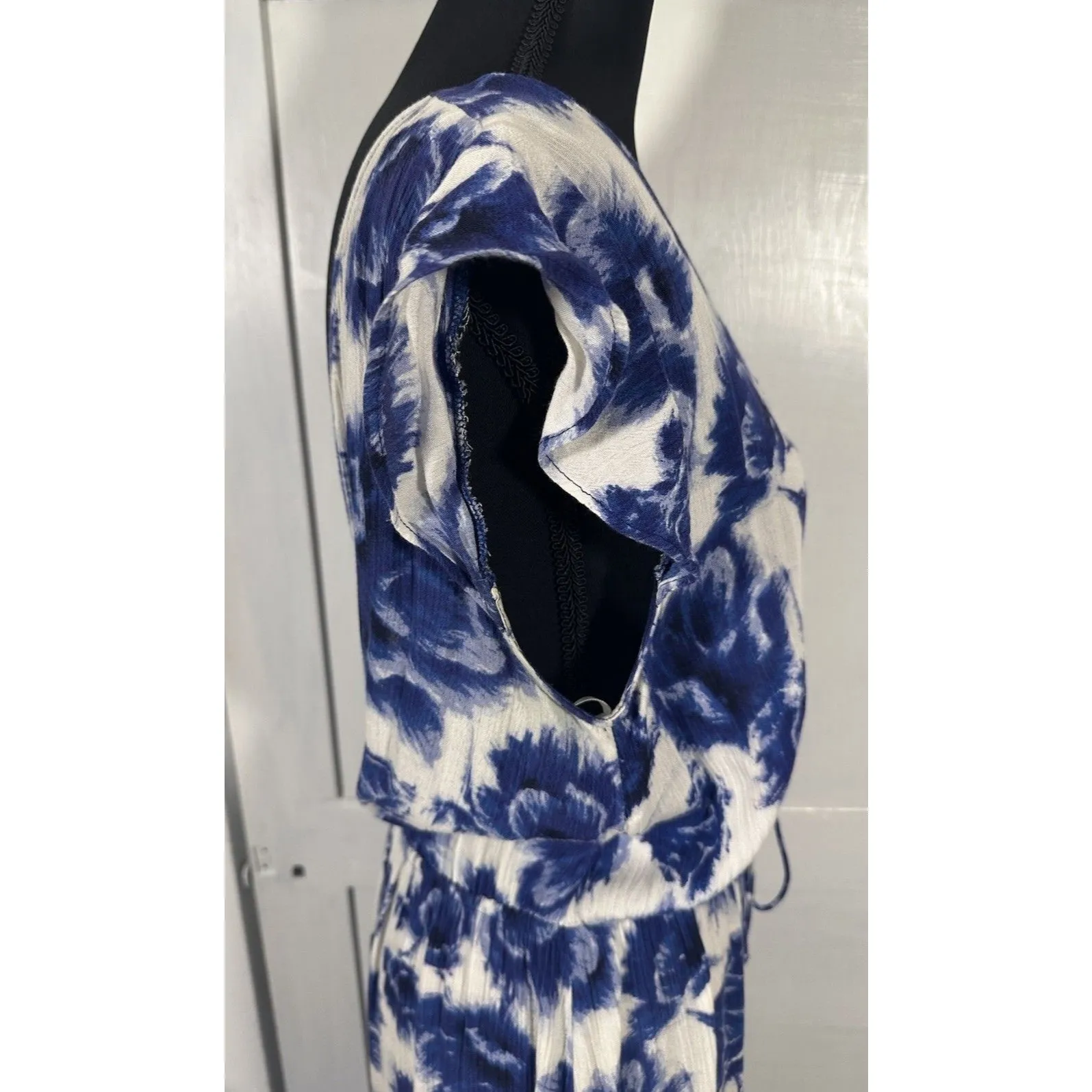 Billabong Don’t Mess Dress Beach Boho Dress Sz L Blue Floral Low Front Lace Back - Image 9