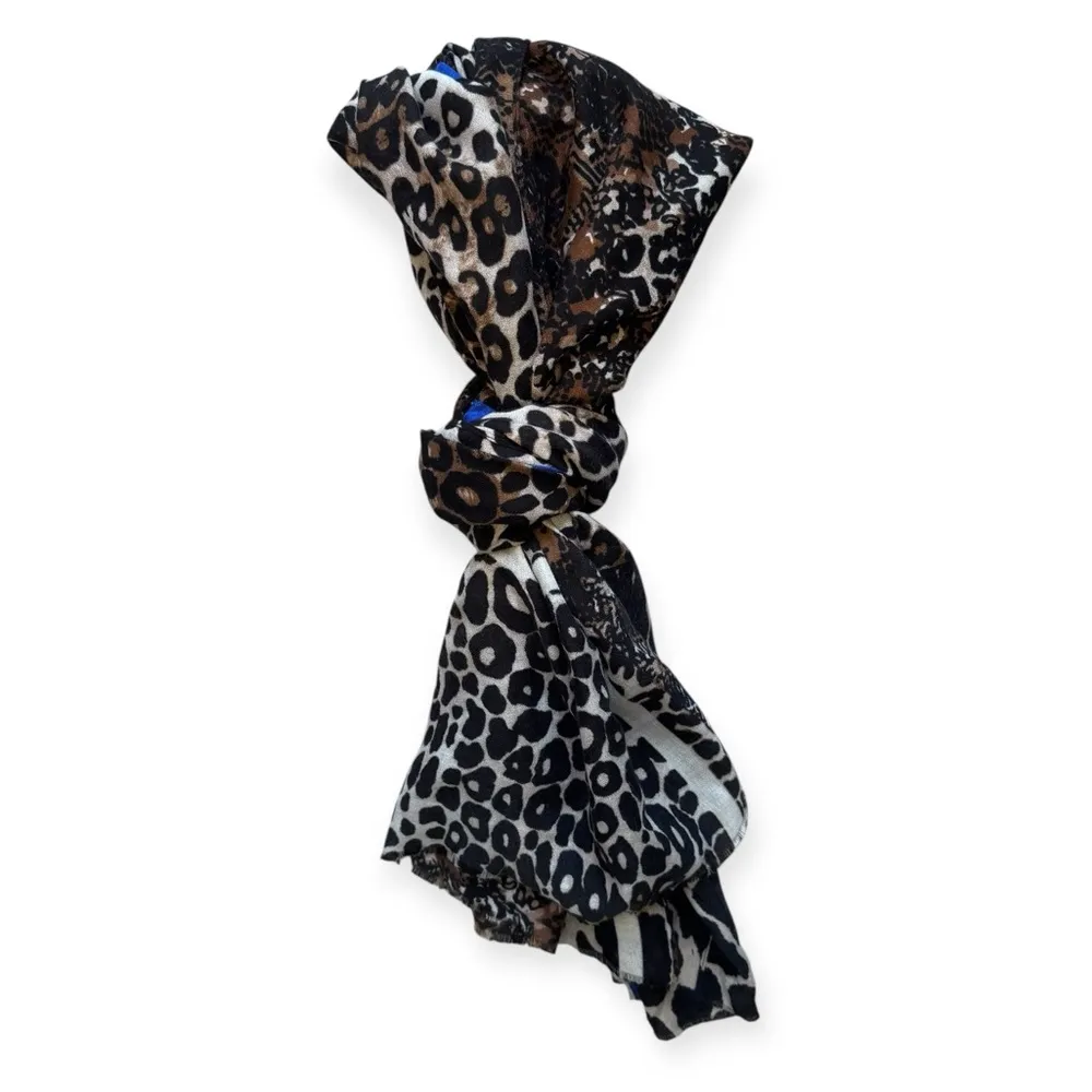 Leopard Print Scarf with Blue Stripe Brown - Image 7