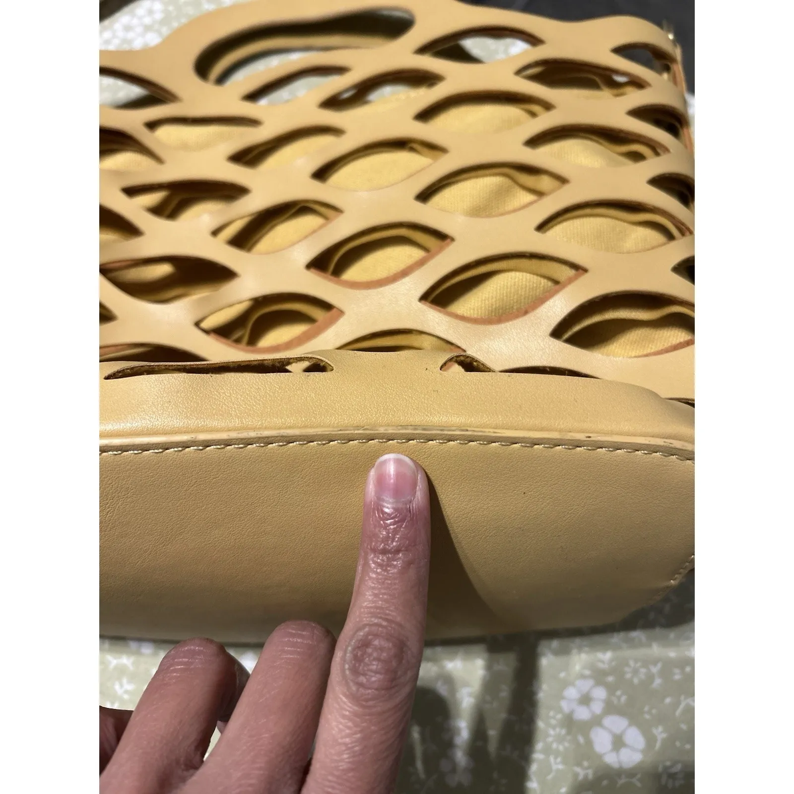 Joy Susan Yellow Vegan Leather Laser-Cut Tote Bag with Inner Pouch & Strap - Image 8