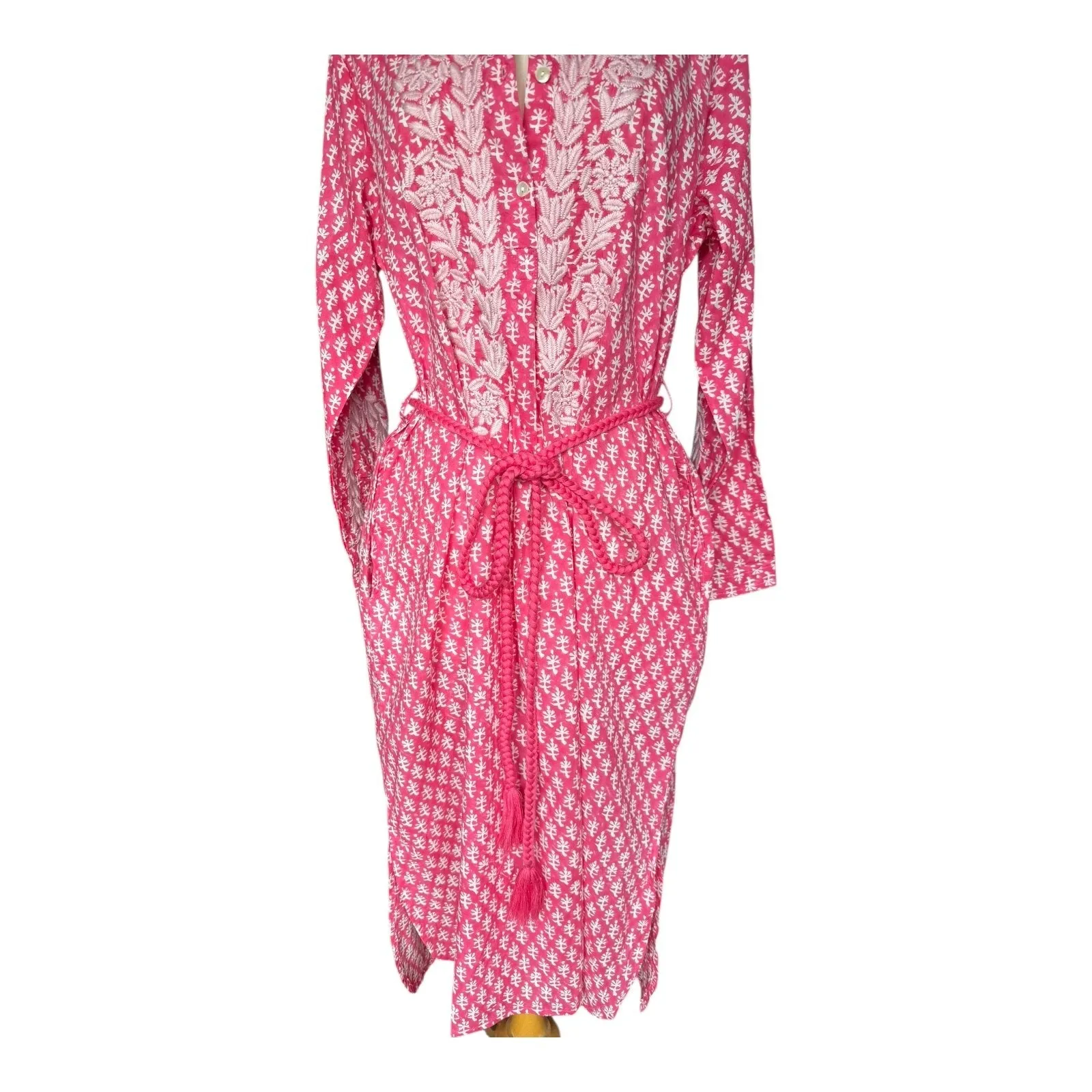 Ex Voto Ivy Caftan Midi Raspberry Block Print Embroidered Rope Belt NWT Medium Pink - Image 4