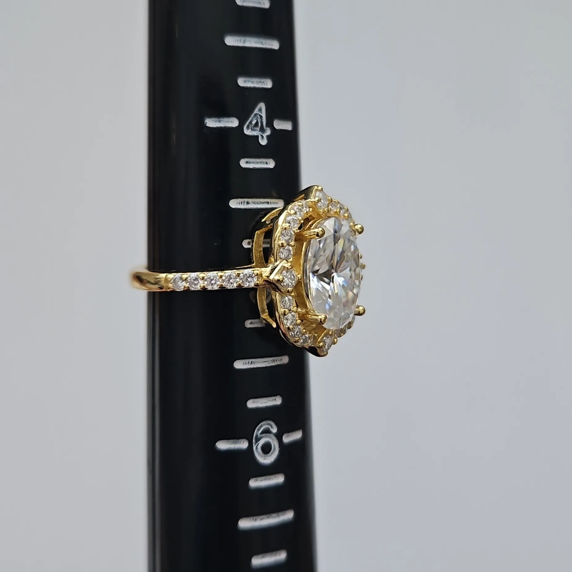 3ct Oval Scalloped Halo Iced Out Moissanite Ring. Size 5, YG Plating - Image 8