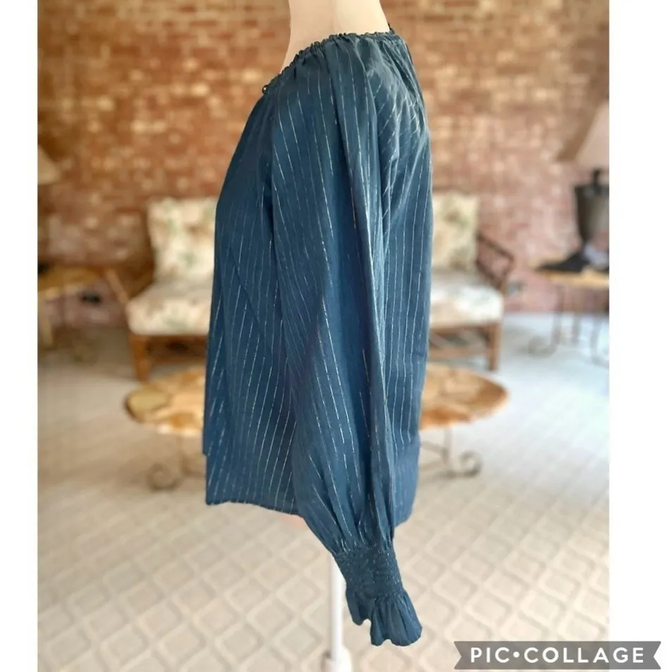 WHBM Top Blue Silver Metallic Striped Long Sleeve Blouse XS Smocked Cuff Party - Image 8