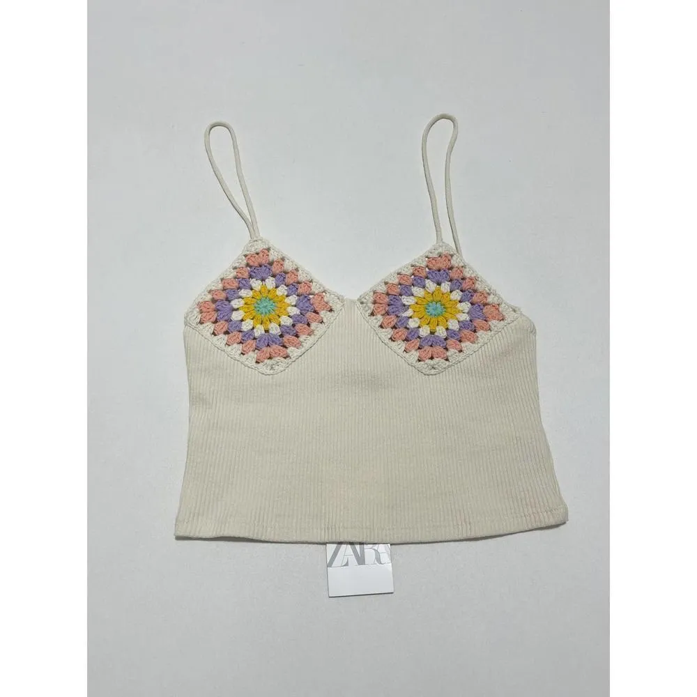 Zara Crochet Granny Square Ribbed Crop Tank Top Cream‎ Purple Size Medium Large - Image 8