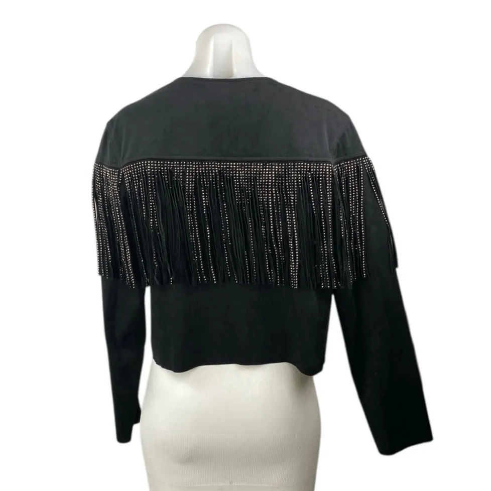 Zara Women's Black Faux Leather Suede Rhinestone Fringe Cropped Jacket Size S - Image 4