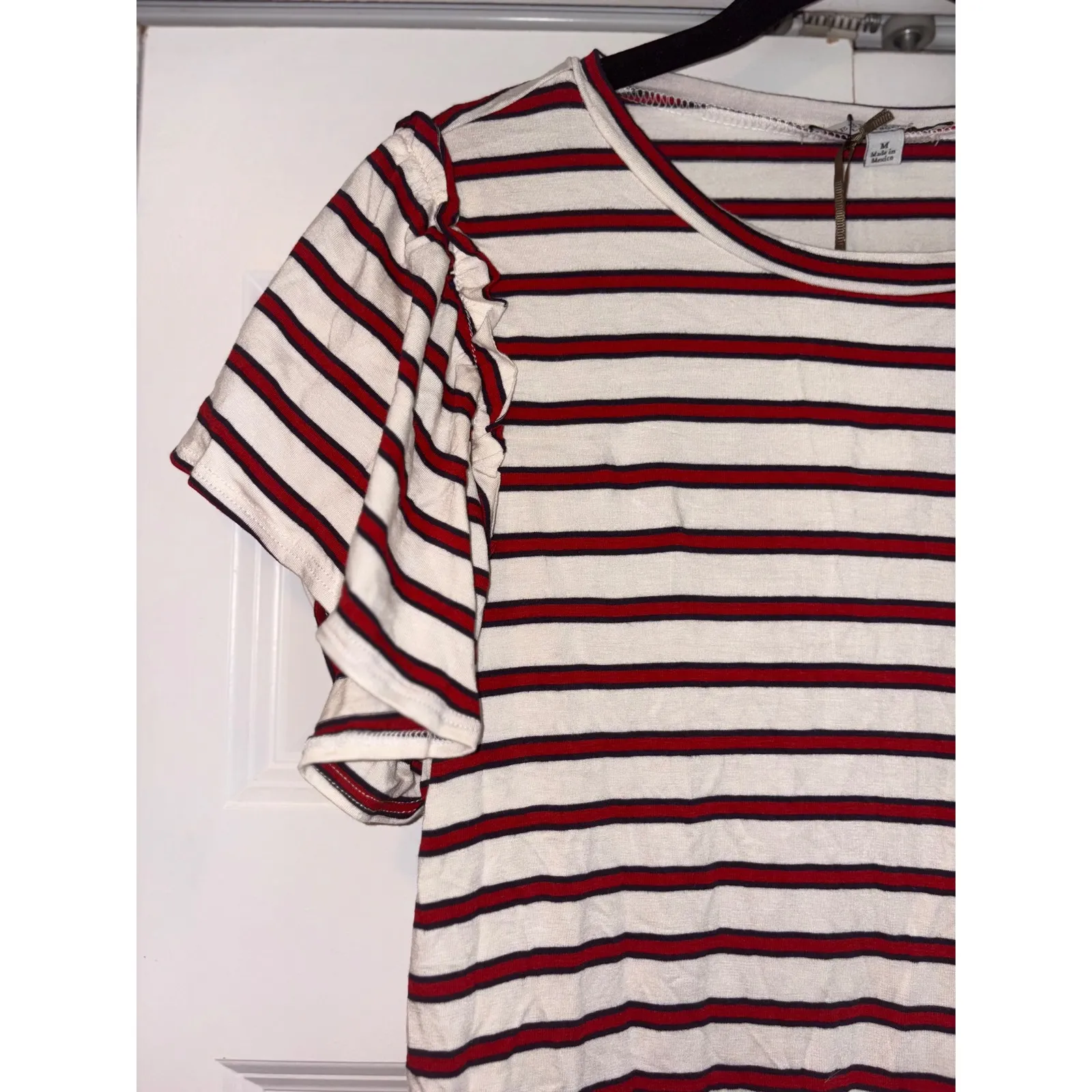 Green Envelope Striped Tee Ruffle Sleeve Casual Top Red White Stripes M‎ Size M - Image 6