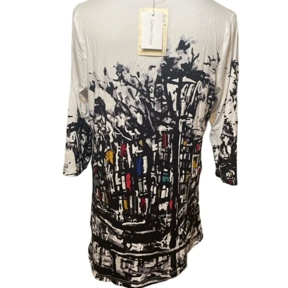 Lemon Grass tunic womens cream abstract top long sleeve blouse shirt bamboo Sz S - Image 11