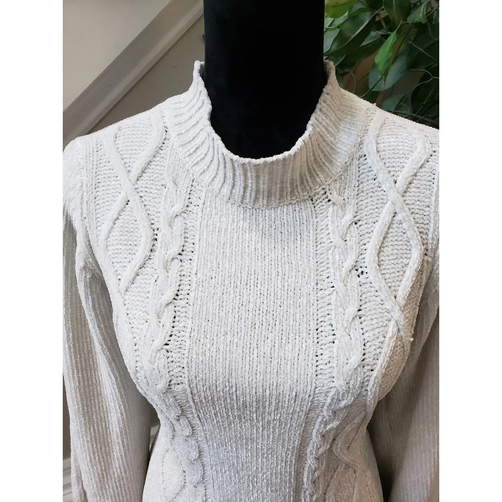 Allison Brittney Sweater Dress Women's Medium White Cable Knit Raglan Sleeve - Image 12