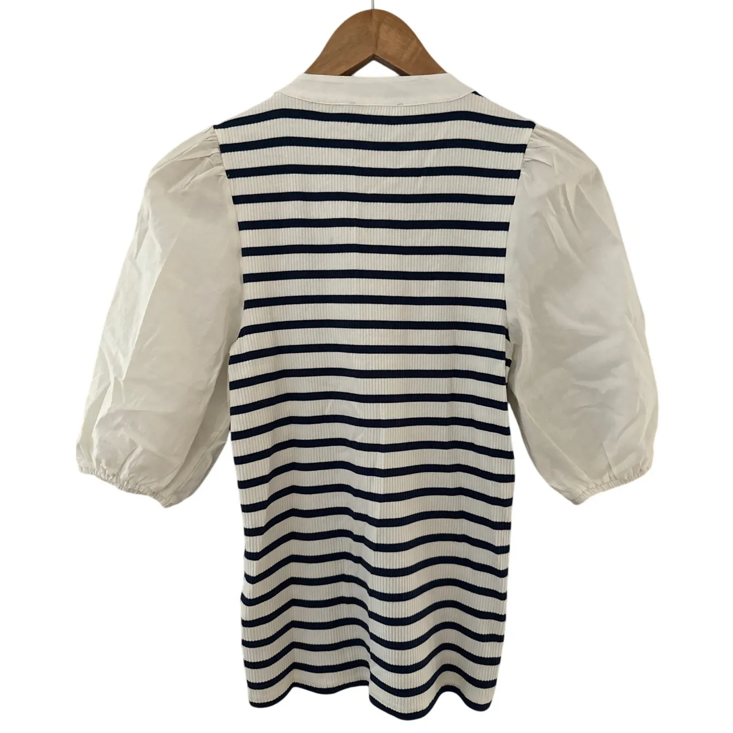 J. Crew Vintage Rib Puff Sleeve‎ Henley Top White Blue Size Small - Image 4