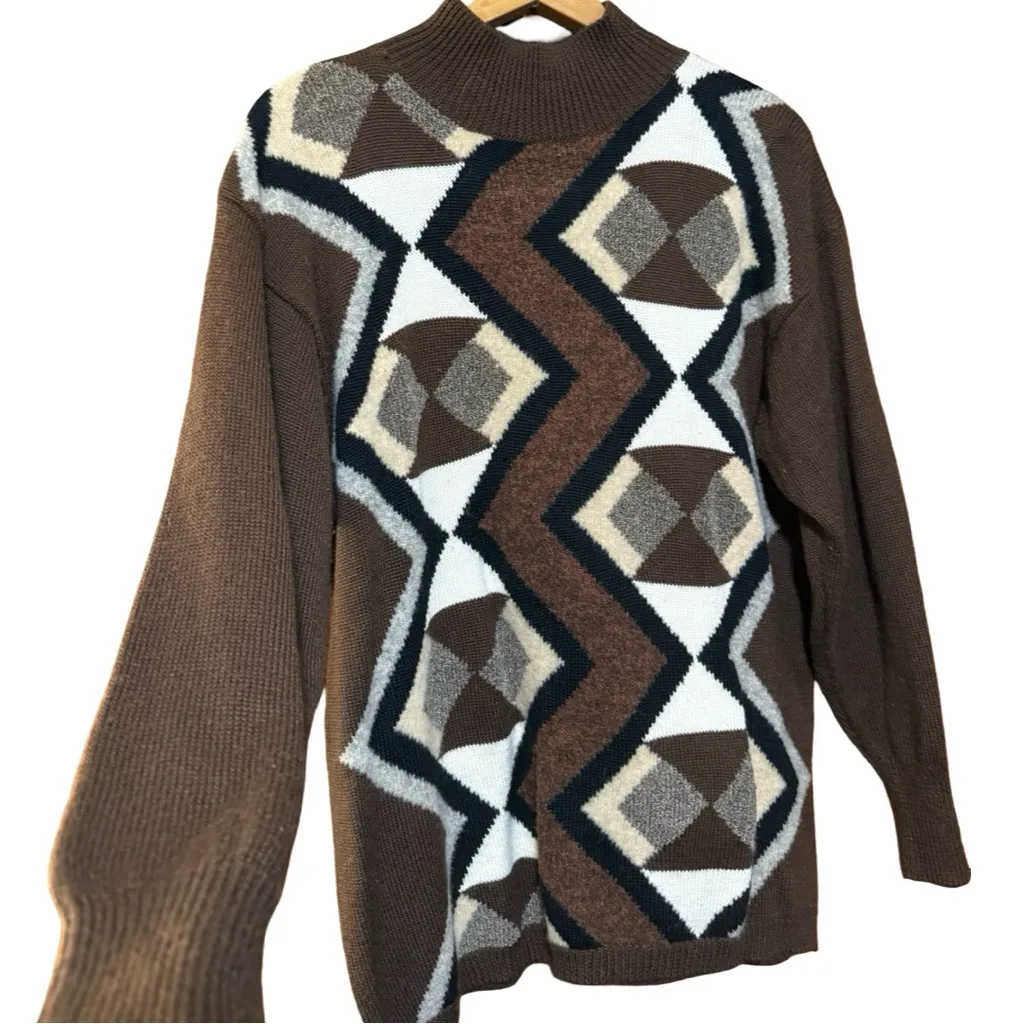 Vintage 1990s Fred Thomas Knit Argyle Abstract Mock Neck Sweater - Image 2