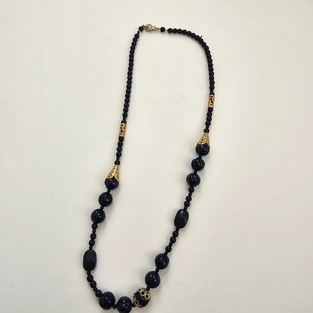 Vintage Style Dark Blue Bead Gold tone metal accents beaded necklace - Image 2