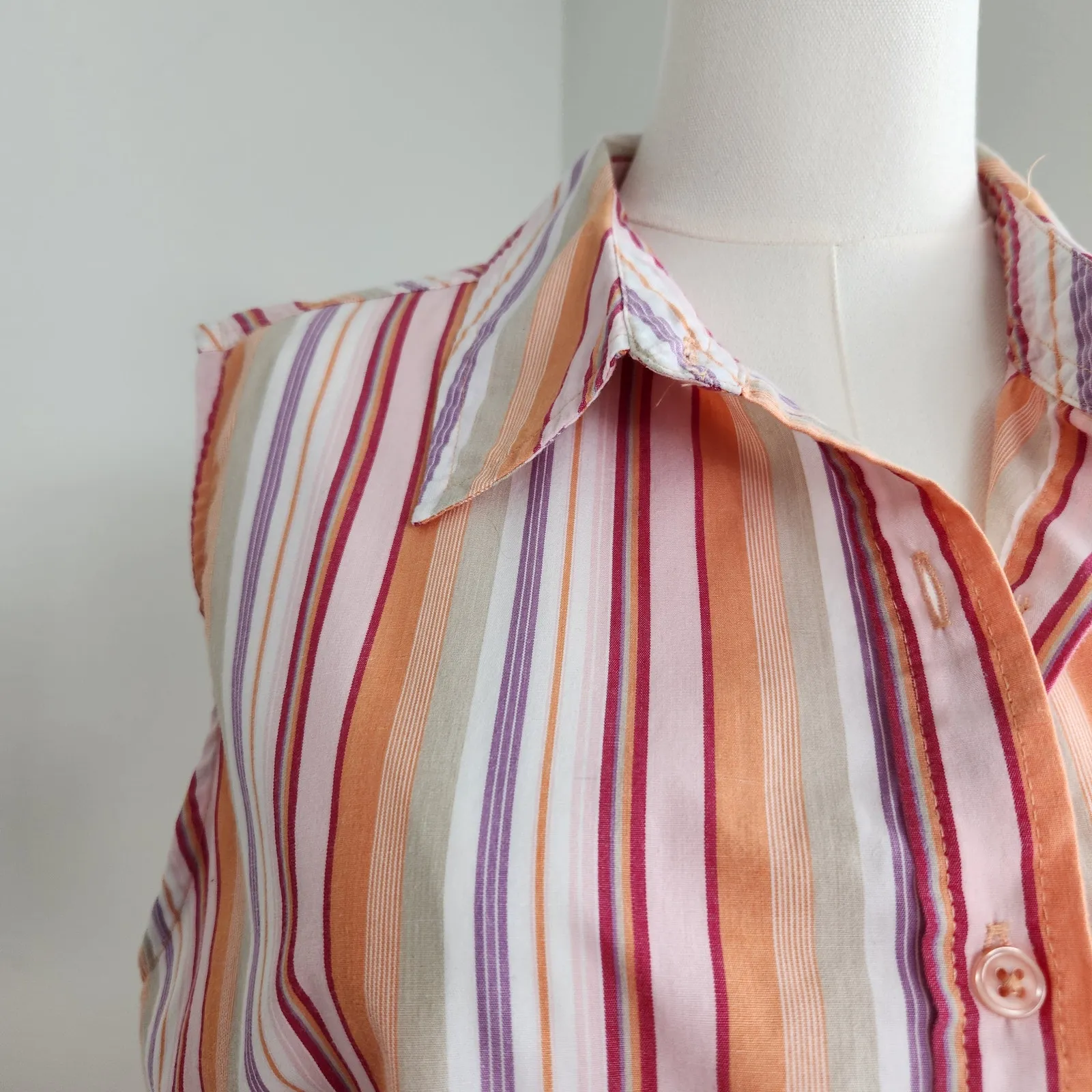 Y2K Basic Editions Orange Pink Striped Sleeveless Button Down Shirt 1X - Image 3