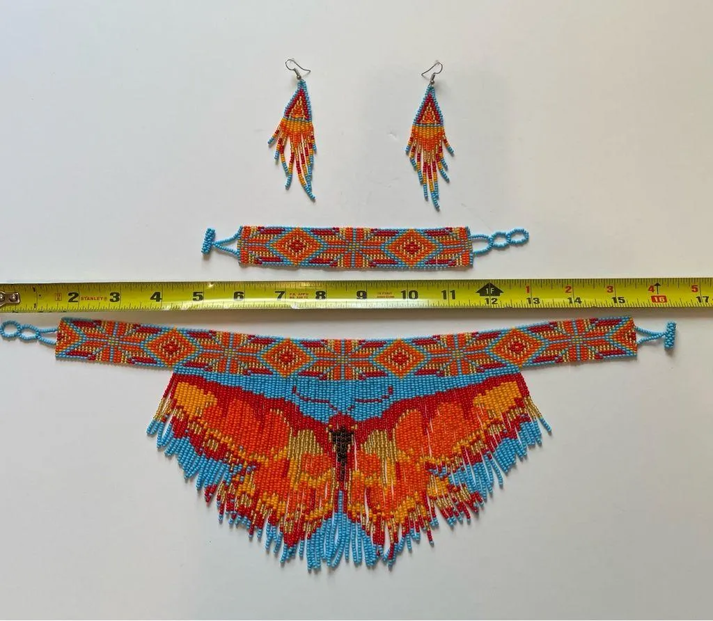 Colorful Beaded Butterfly Necklace with bracelet & earrings set. Orange - Image 3