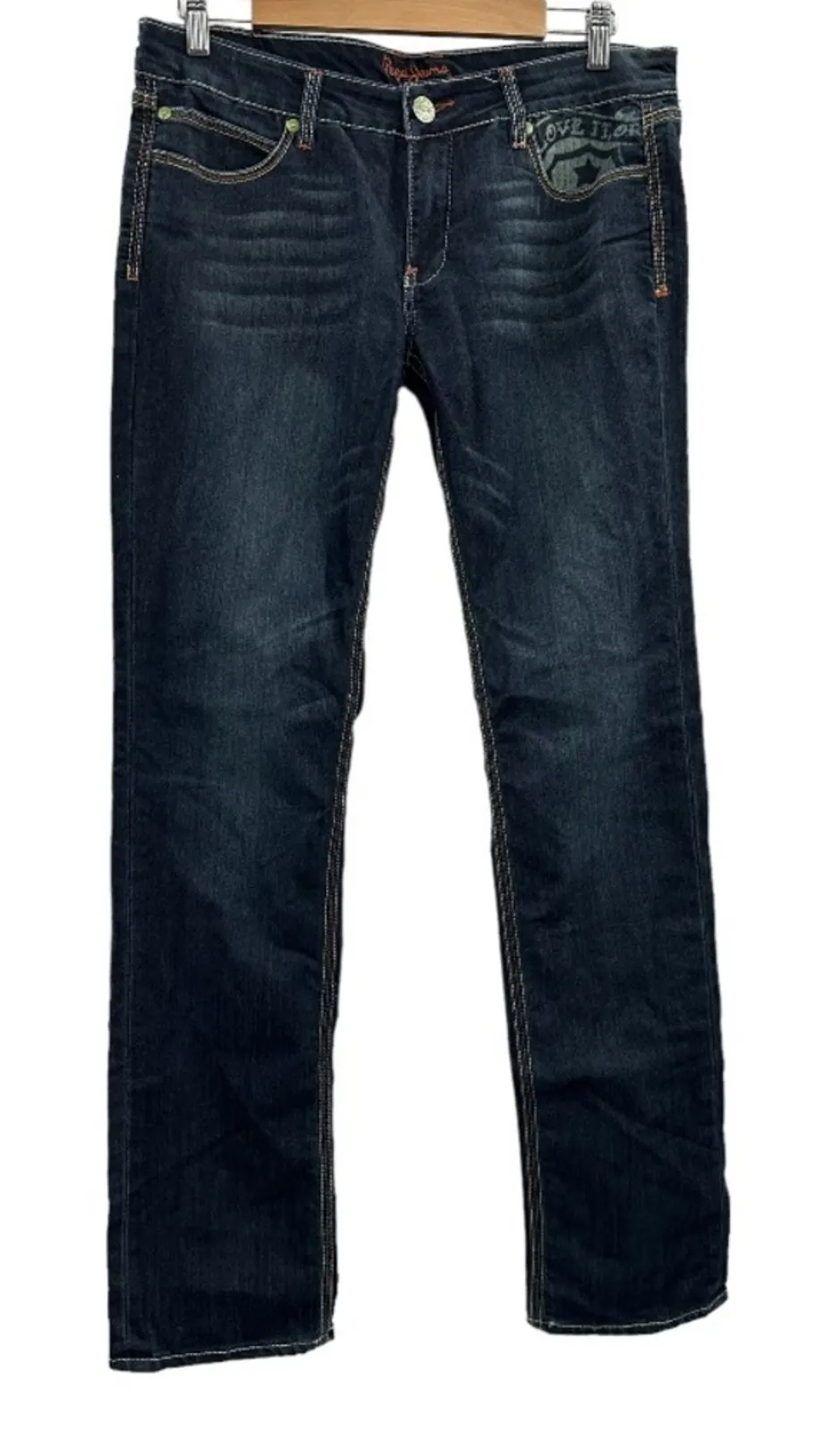 Pepe Jeans Dark Wash Rose Rhinestone Embellished Pockets Bootcut Jeans Size 31 - Image 1