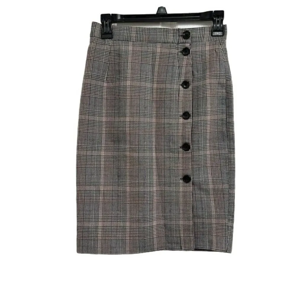 H&M Plaid Pencil Skirt Knee-length Button Up Taupe Sz 2 Buttons Side Slit Office - Image 2