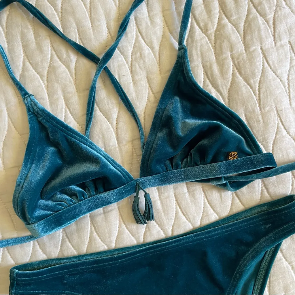 La Vie En Rose Aqua Bikini Teal Velvet Swimsuit Size Extra‎ Small Blue - Image 3
