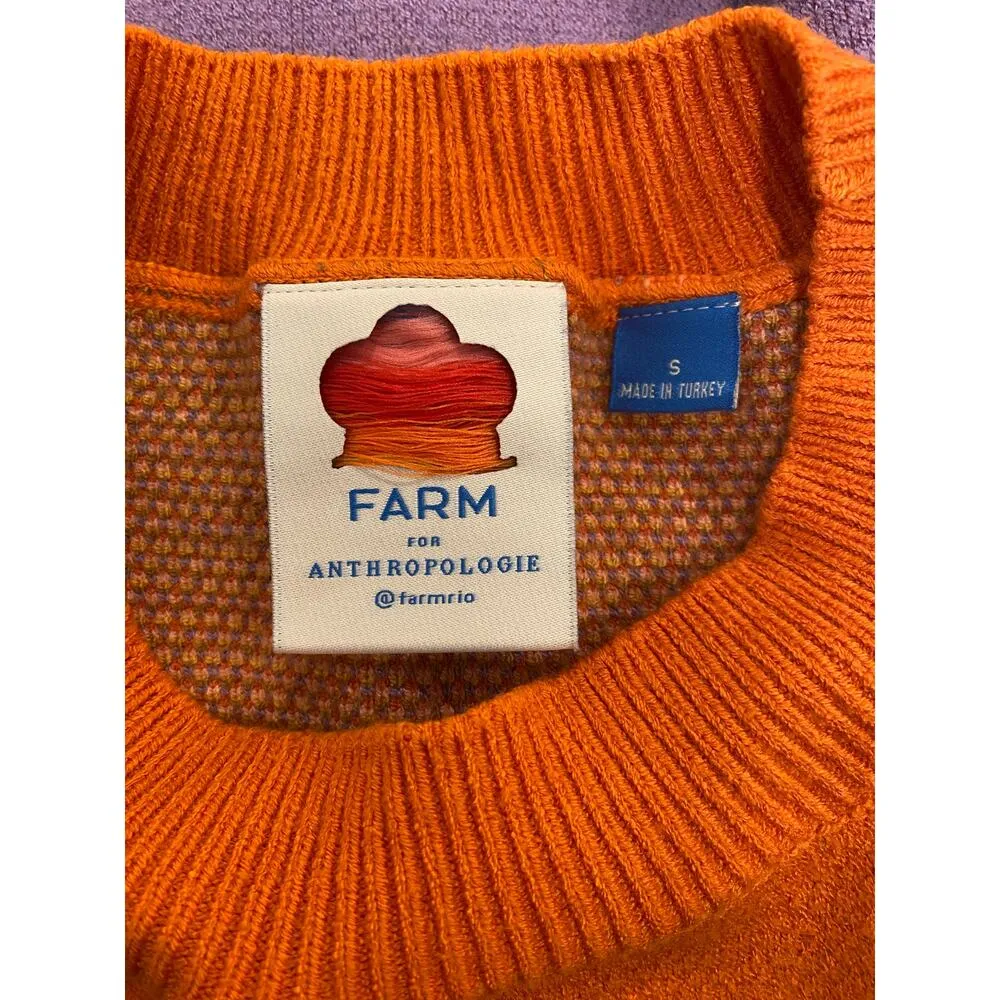 FARM Rio Anthropologie Women’s Sweater Small Colorblock Knit Long Sleeve Bright Orange - Image 3